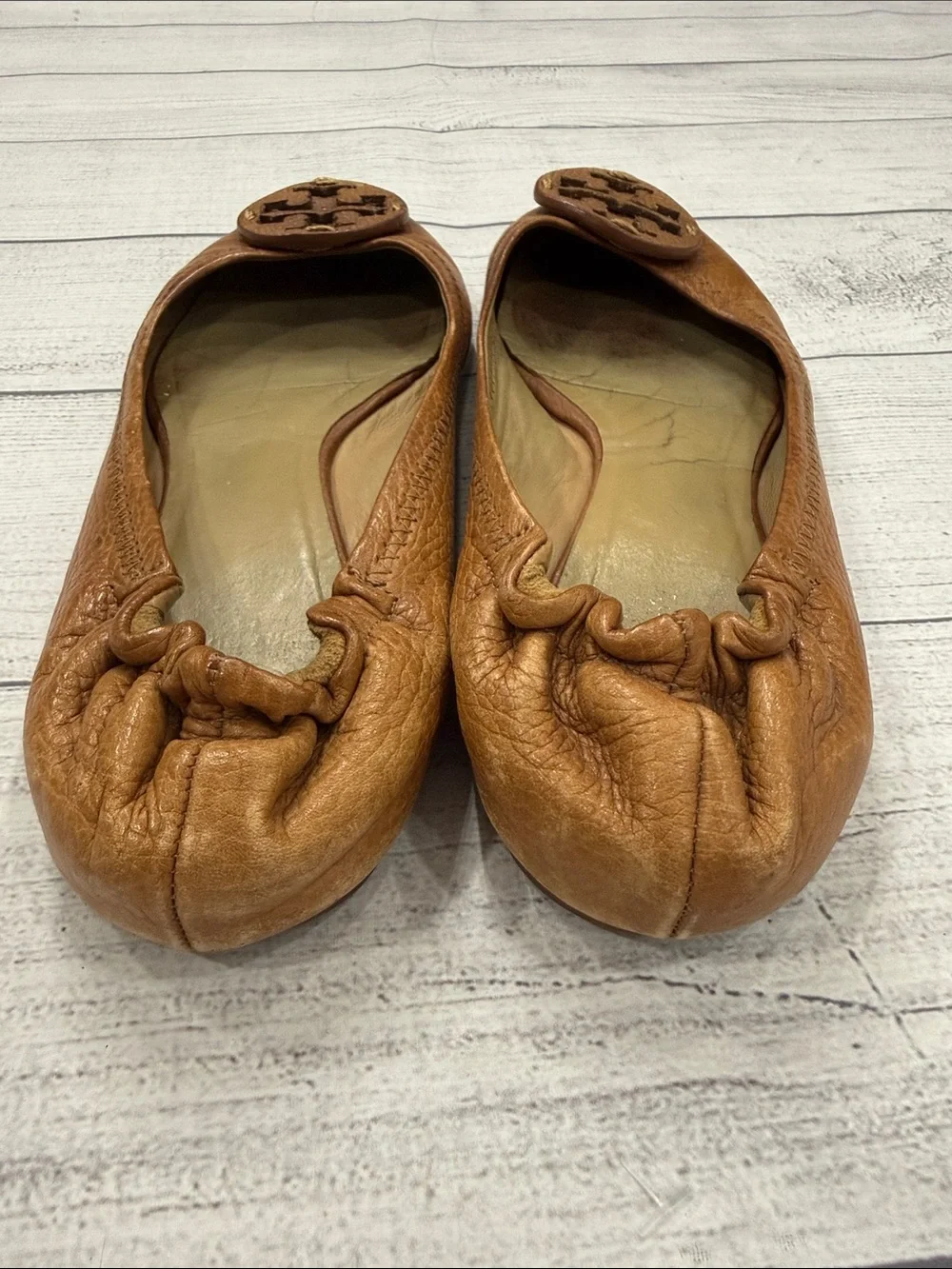 Tory Burch Reva Cognac Brown Leather Ballet Flats Logo Medallion Women's Size 10
